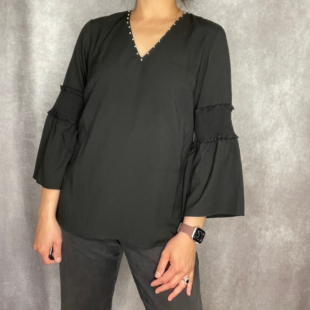Karl Lagerfeld Paris Pearl V-Neck Blouse Womens Small Black Bell Sleeve Shirt